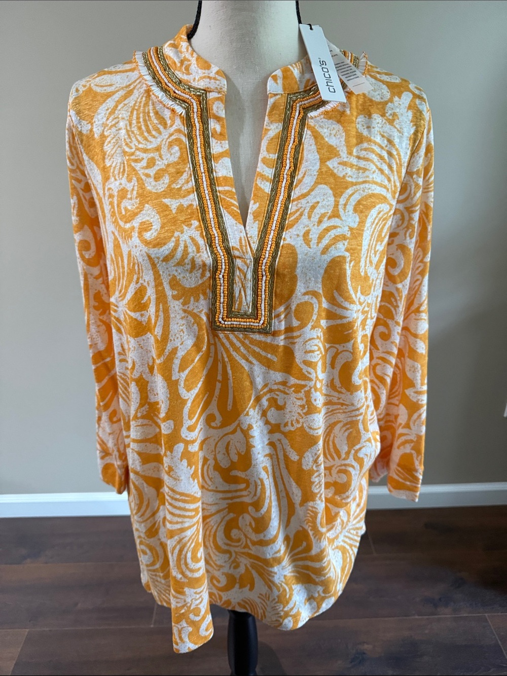 Chico's Orange Yellow Paisley & White Beaded Split-Neck Tunic Chicos Sz 2  NWT